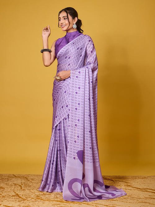 Chic Purple Typography & Heart Digital Print Satin Georgette Saree