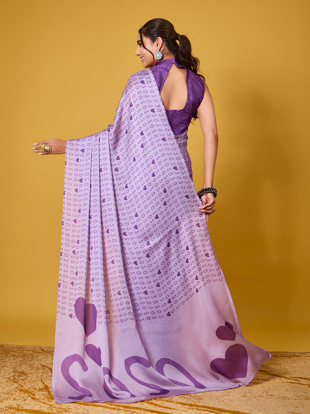 Chic Purple Typography & Heart Digital Print Satin Georgette Saree