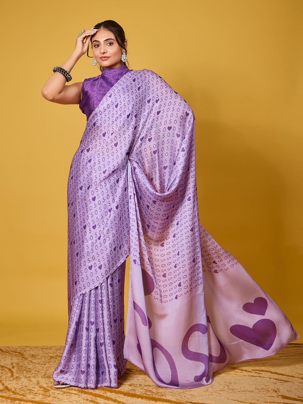 Chic Purple Typography & Heart Digital Print Satin Georgette Saree