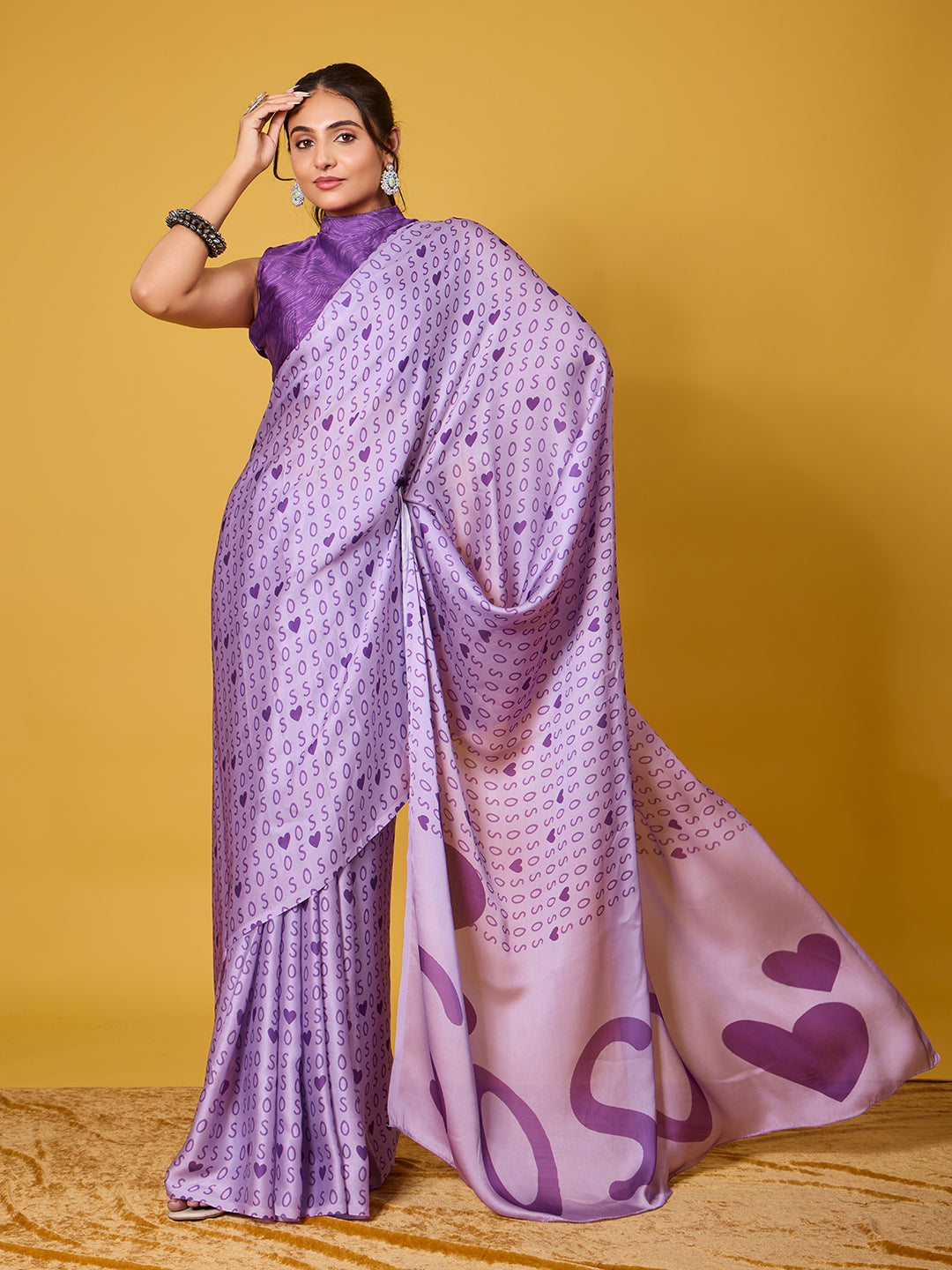 Chic Purple Typography & Heart Digital Print Satin Georgette Saree