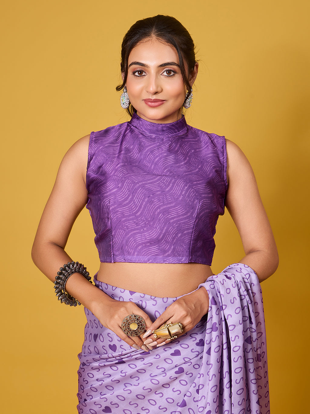 Chic Purple Typography & Heart Digital Print Satin Georgette Saree