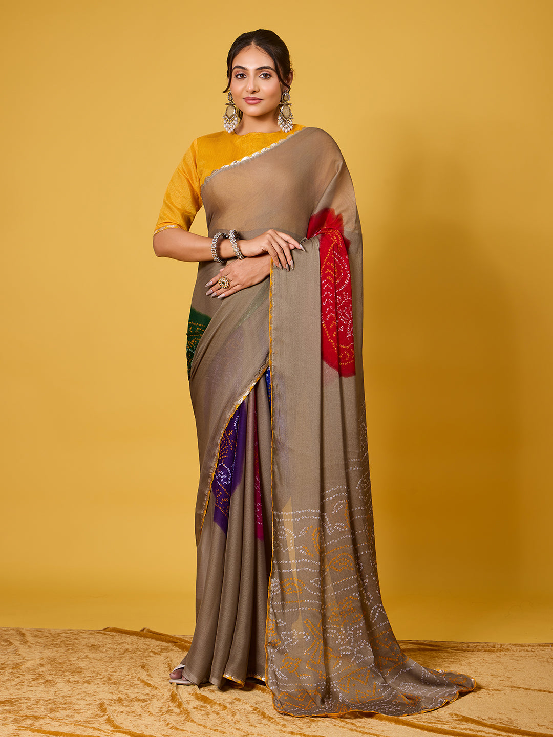 Bandhani Print Taupe & Multicolored Digital Print Satin Georgette Saree