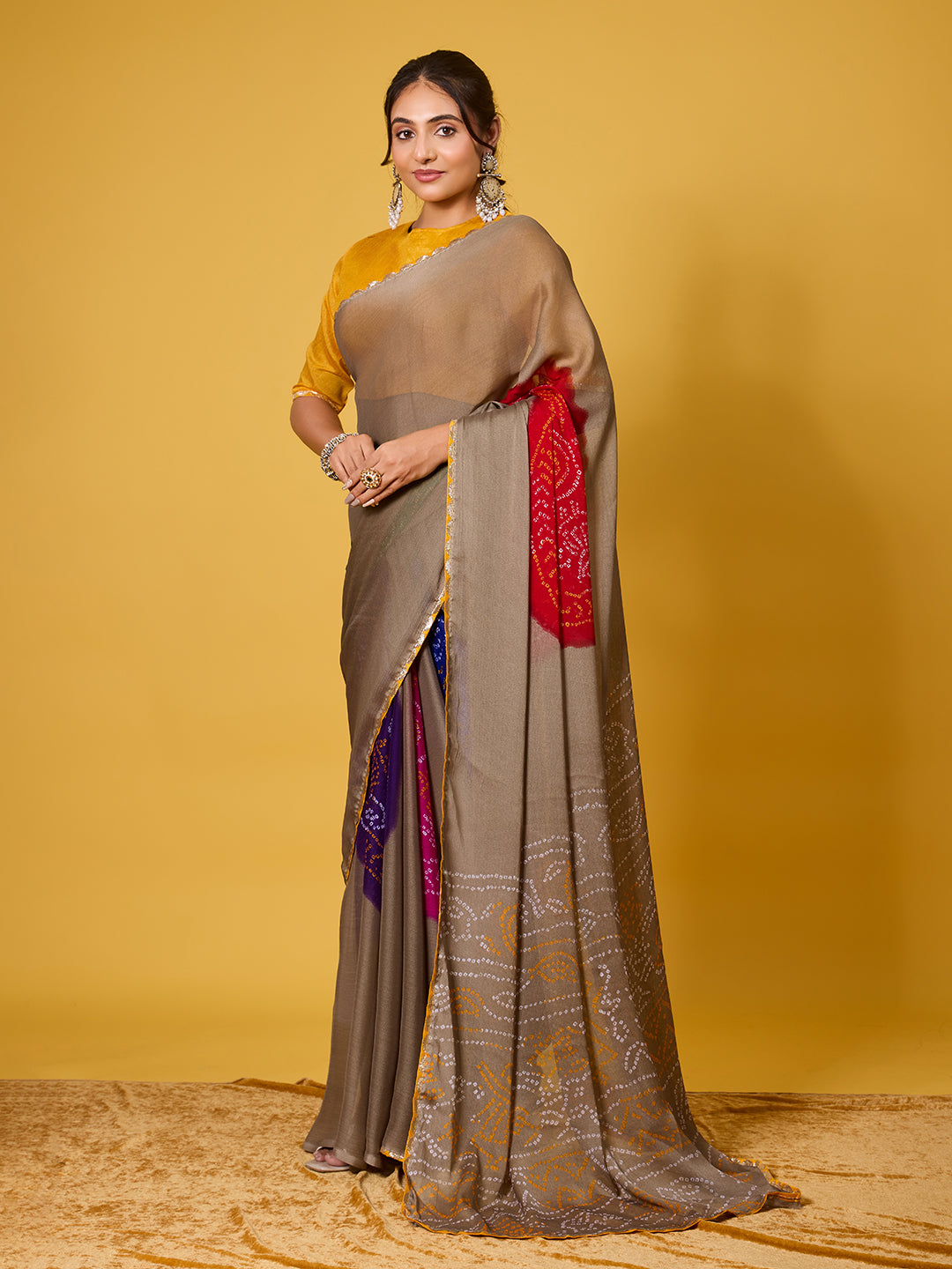 Bandhani Print Taupe & Multicolored Digital Print Satin Georgette Saree