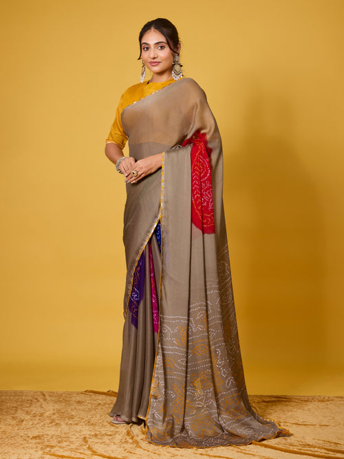 Bandhani Print Taupe & Multicolored Digital Print Satin Georgette Saree