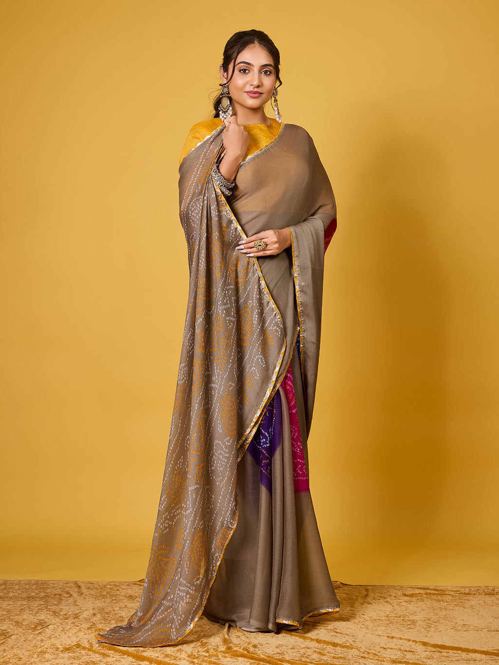 Bandhani Print Taupe & Multicolored Digital Print Satin Georgette Saree