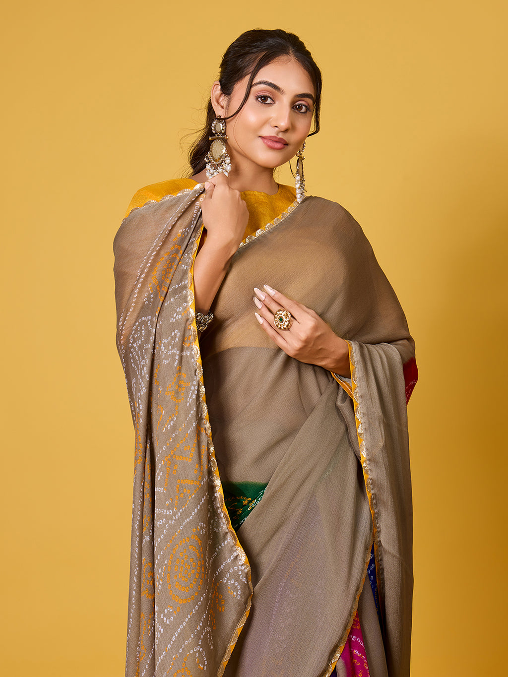 Bandhani Print Taupe & Multicolored Digital Print Satin Georgette Saree