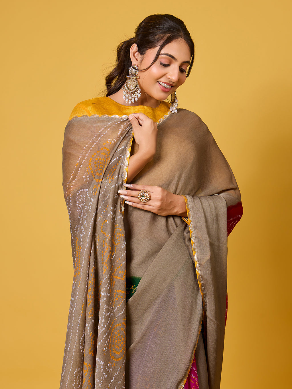 Bandhani Print Taupe & Multicolored Digital Print Satin Georgette Saree