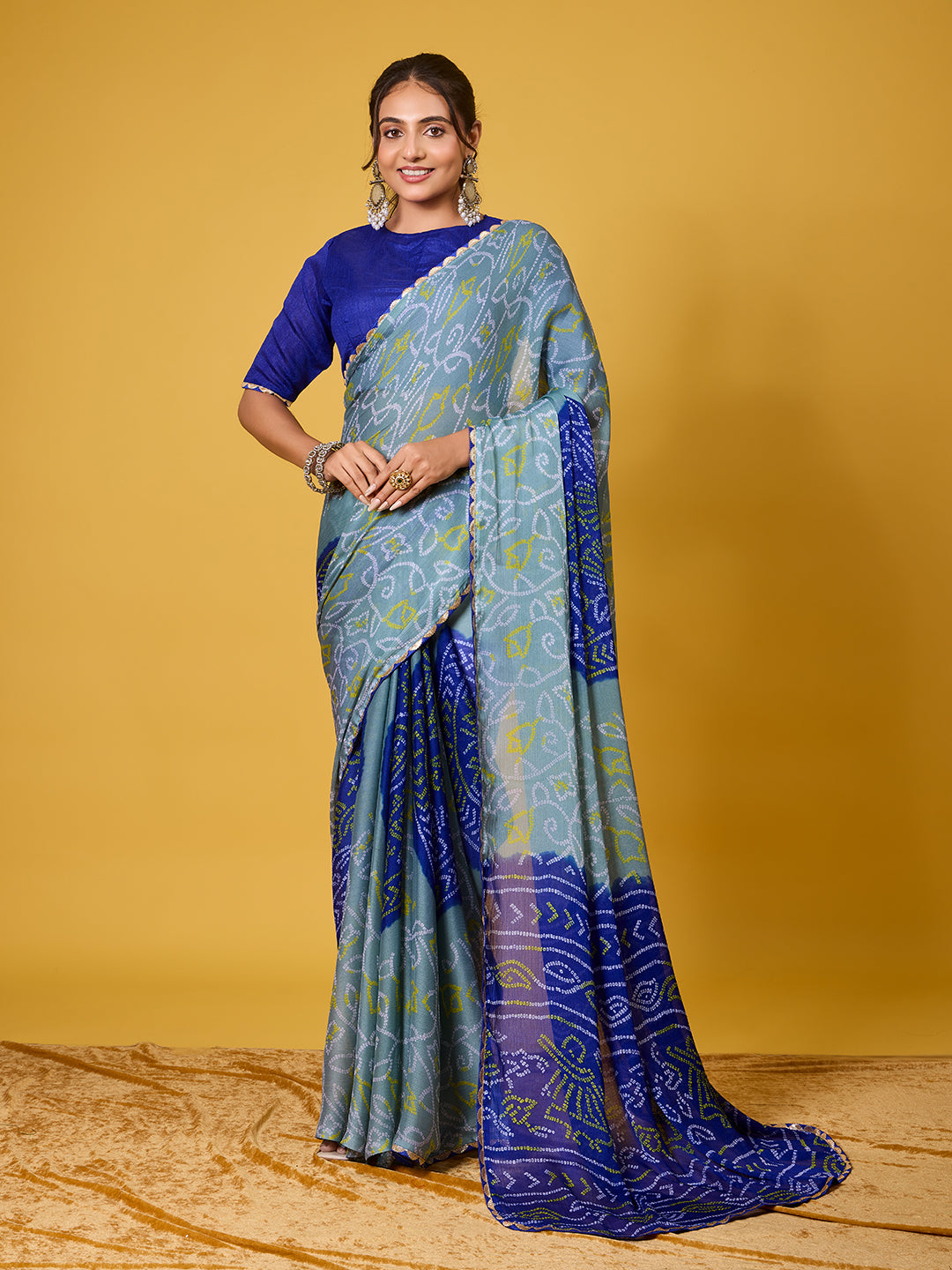 Exquisite Blue & Grey Bandhani Print Digital Satin Georgette Saree
