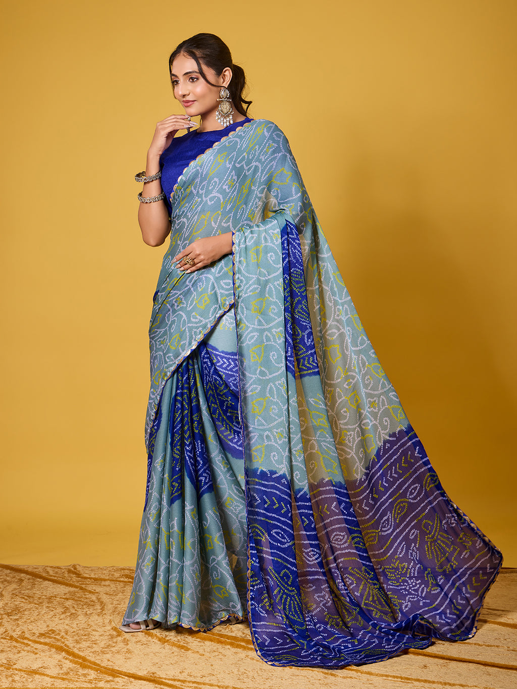 Exquisite Blue & Grey Bandhani Print Digital Satin Georgette Saree