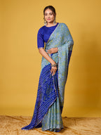 Exquisite Blue & Grey Bandhani Print Digital Satin Georgette Saree