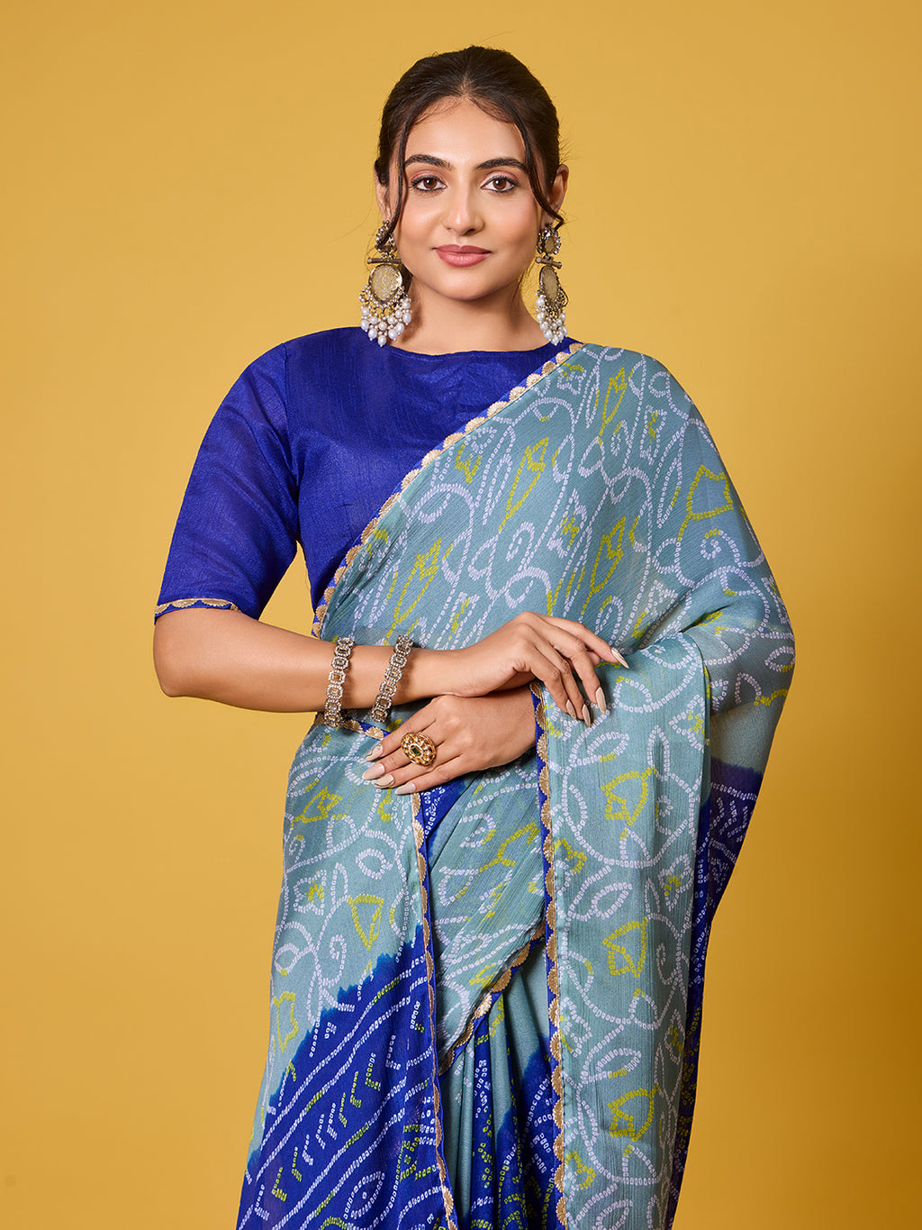 Exquisite Blue & Grey Bandhani Print Digital Satin Georgette Saree