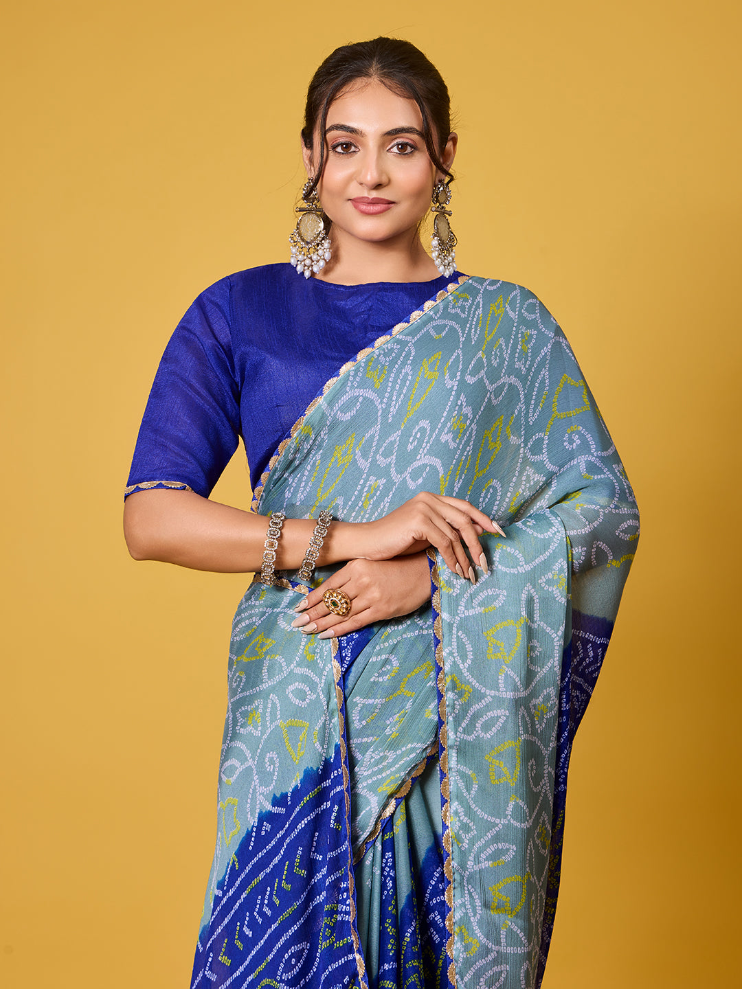 Exquisite Blue & Grey Bandhani Print Digital Satin Georgette Saree