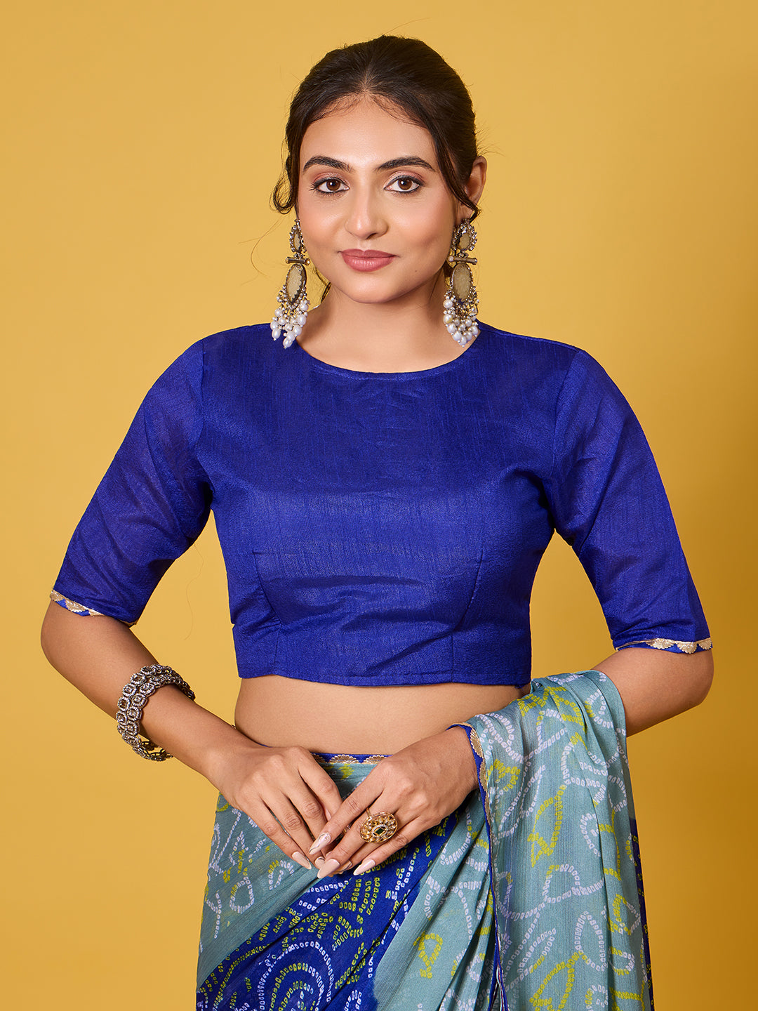 Exquisite Blue & Grey Bandhani Print Digital Satin Georgette Saree