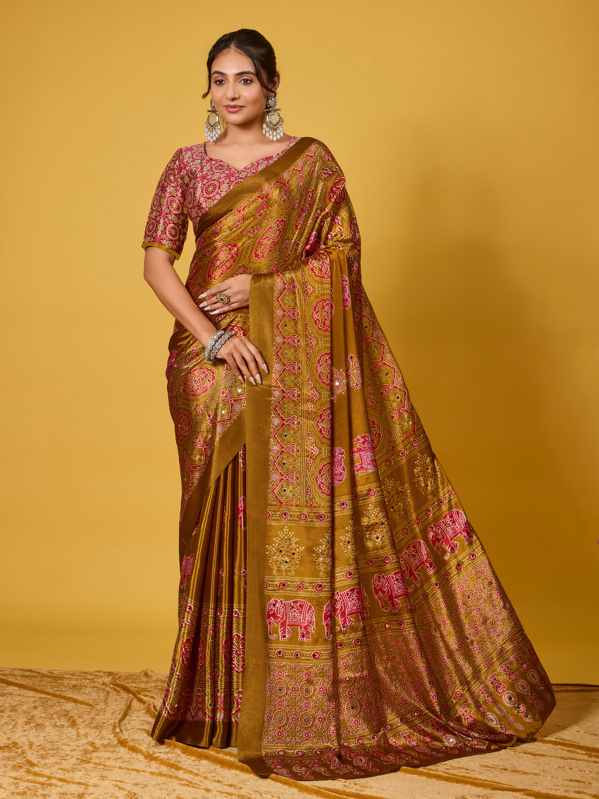 Trendy Mirror Work Saree With Heavy Mirror Blouse