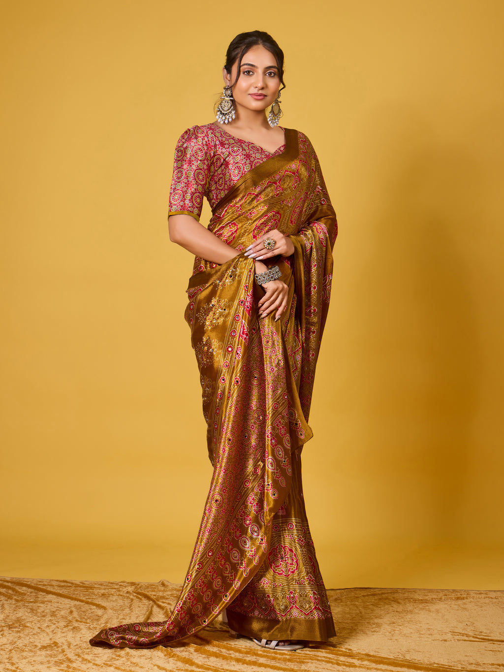 Trendy Mirror Work Saree With Heavy Mirror Blouse