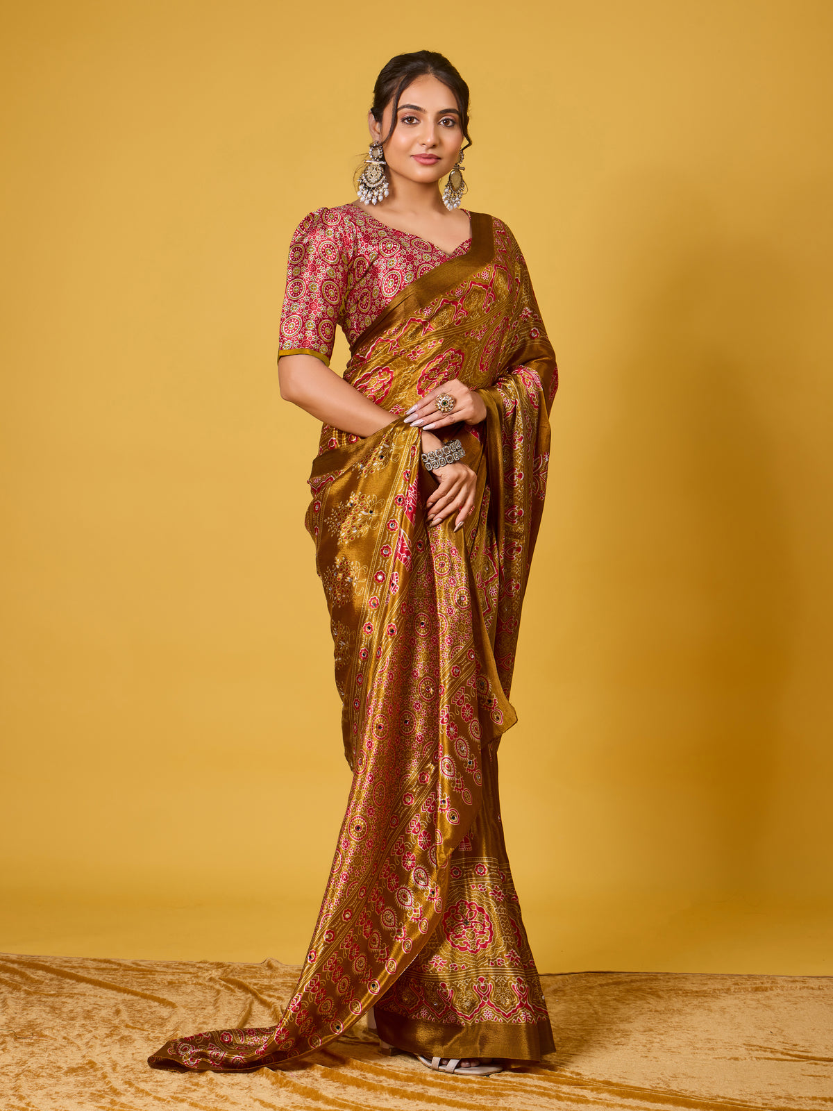 Trendy Mirror Work Saree With Heavy Mirror Blouse