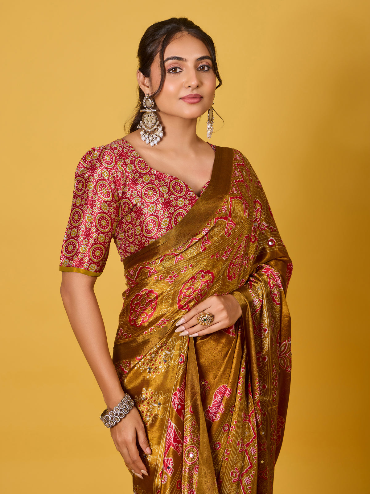 Trendy Mirror Work Saree With Heavy Mirror Blouse