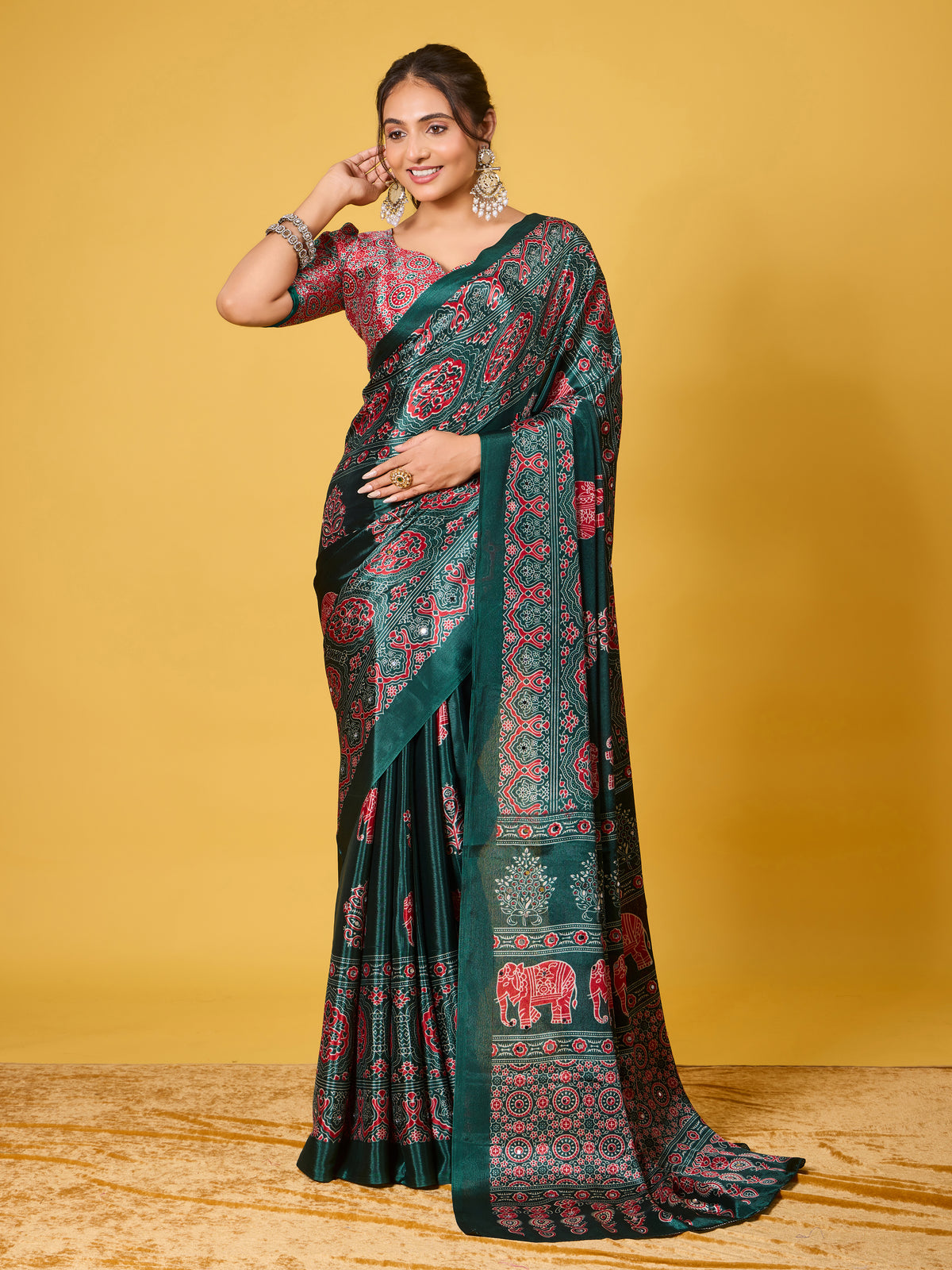 Trendy Mirror Work Saree With Heavy Mirror Blouse