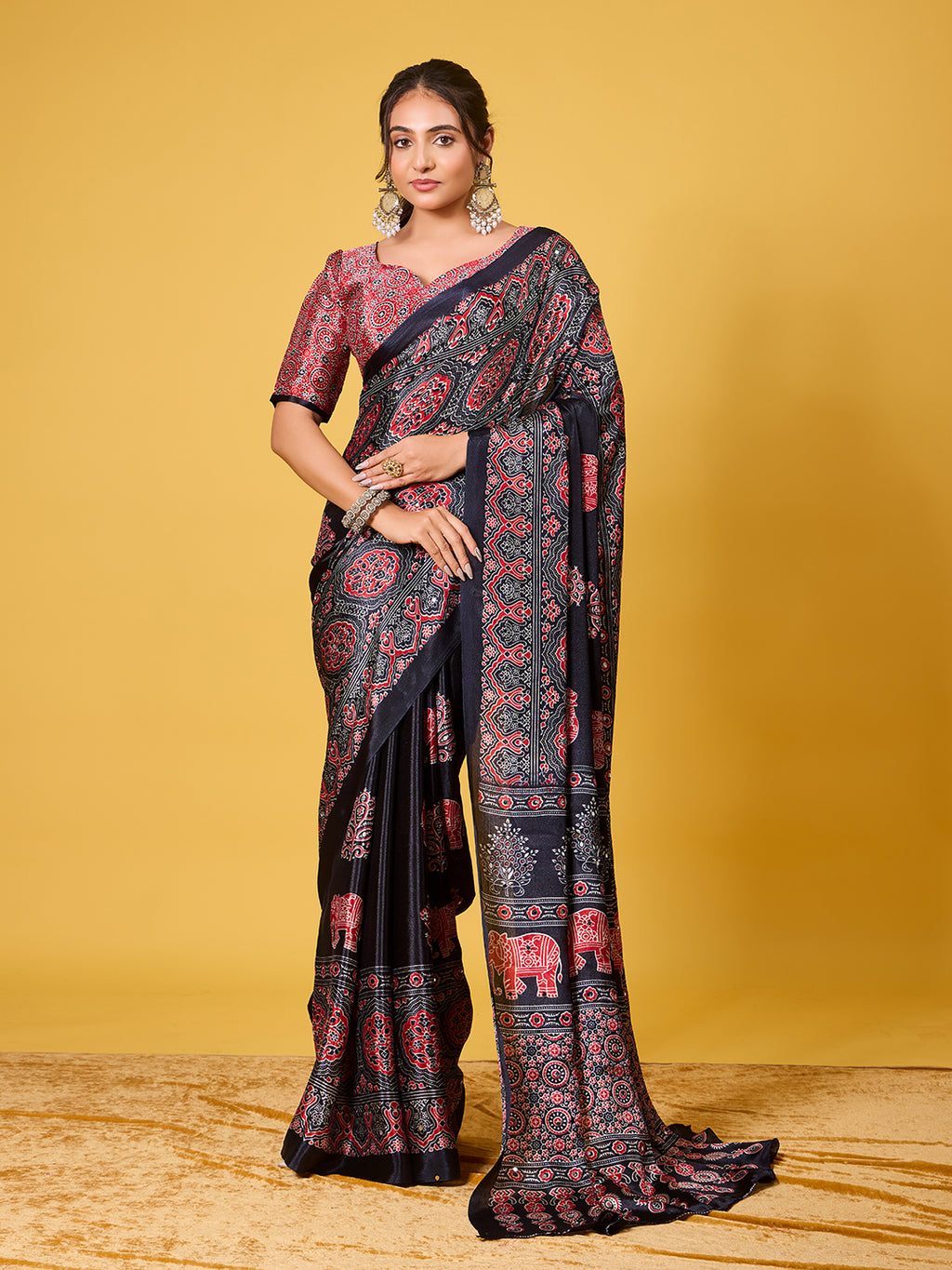 Traditional Black & Red Elephant-Motif Digital Print Satin Georgette Saree