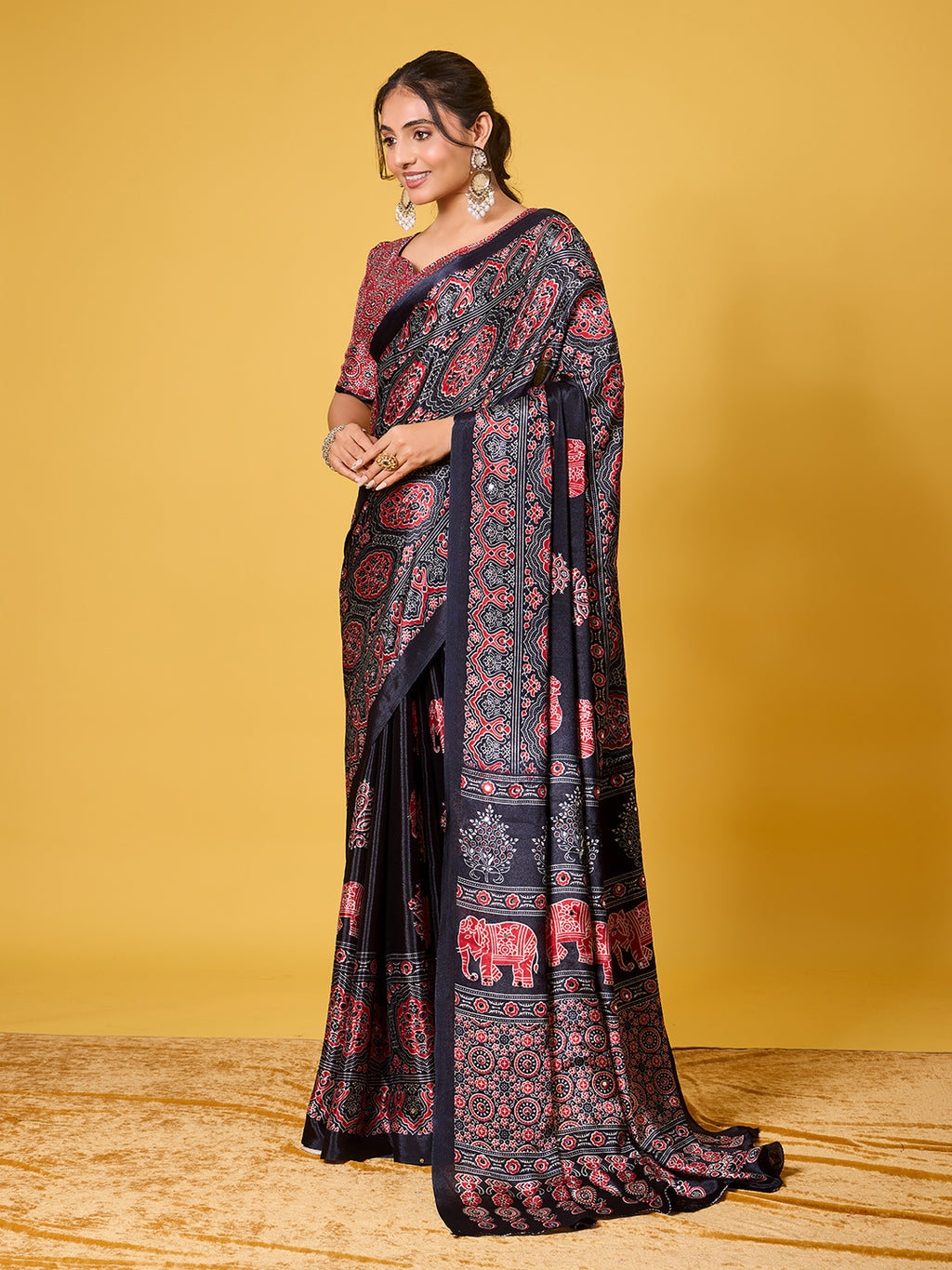Traditional Black & Red Elephant-Motif Digital Print Satin Georgette Saree