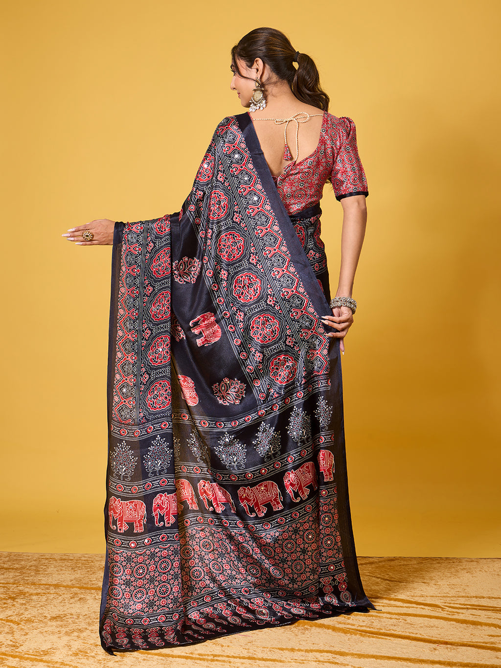 Traditional Black & Red Elephant-Motif Digital Print Satin Georgette Saree