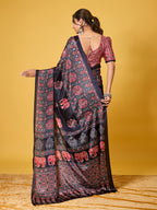 Traditional Black & Red Elephant-Motif Digital Print Satin Georgette Saree