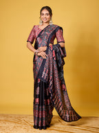 Traditional Black & Red Elephant-Motif Digital Print Satin Georgette Saree