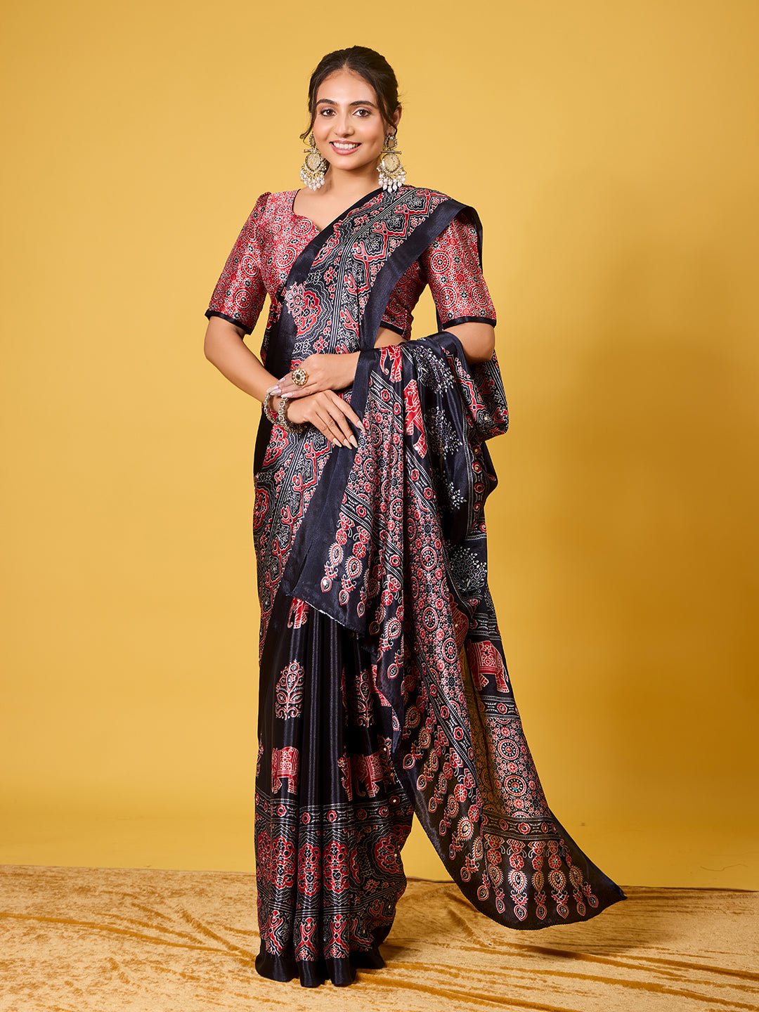 Traditional Black & Red Elephant-Motif Digital Print Satin Georgette Saree