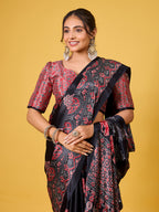 Traditional Black & Red Elephant-Motif Digital Print Satin Georgette Saree